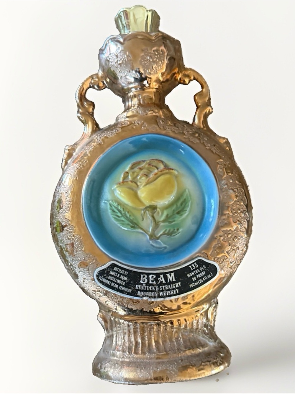 Vintage Gold Ceramic Vase with Blue Medallion and Yellow Rose